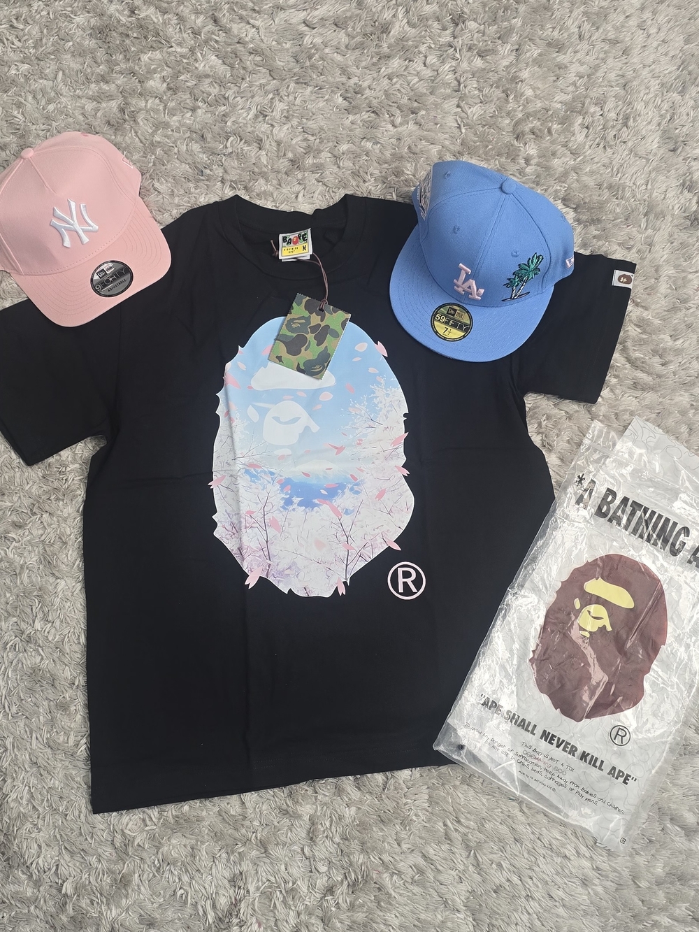 A Bathing Ape Black Graphic Tee with Pastel Ape Print